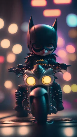 A flirty face Kawaii tiny hyper realistic baby batman riding mini harley davidson sportster modified, wearing bikers batman clothes with shooting action, night of cyberpunk city background. wide angle full body, 8k, Cinematography, photorealistic,epic composition Unreal Engine,Cinematic, Color Grading, Portrait Photography,Ultra-Wide Angle, Depth of Field, hyper detailed