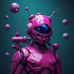 A hyper-realistic 3D Surreal digital painting, magenta droid mechanic, rich deep teal background, dreamlike imagery, fantastical elements, perfect body ,dymond ,