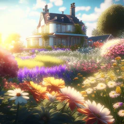 Futuristic hyper-realistic country house garden flowers warm weather 8k