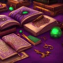 spellbook, magic, spell, laying+on+a+table, surrounded+by+books, jewel+trinkets, purple+green+orange, cartoon, octane+render, 8k, ultra+highly+detailed, intricate+details, shiny, sparkles,