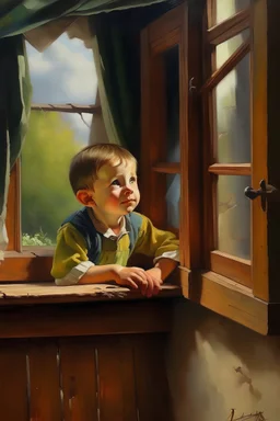 A painting of a poor kid looking through a window of a rich family's house