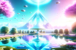 a UFO is flying in a magical landscape with and bright and intens pastel tones, trees around a square and one crystal pyramid reflects the sun. Flowering shrubs and crystal cluster are in the foreground. A turquoise lake in the center with lotus flowers. There are iridescent particles of light in the sky, fine rays of light white colors.in the distance small forest, lots of fine details, gentle, sweet atmosphere, cinematic, color grading, editorial photography, Realistic picture. HD8k
