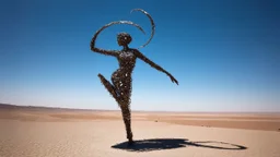 dancing sculpture of a wind-blown lady made of scrap metal and glass in the desert; |wind aesthetics, amazing reflections, wonderful textures, circular swoosh, dynamic, cinematic, dramatic, cam in motion, swirl dynamics, deep low angle, Katsuhiro Otomo style, summer heat, bright tone, sharp shadows, immersed in motion