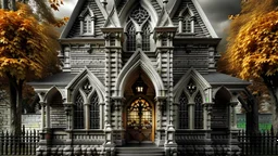 full sized gothic church on halloween with pumpkins on its porch