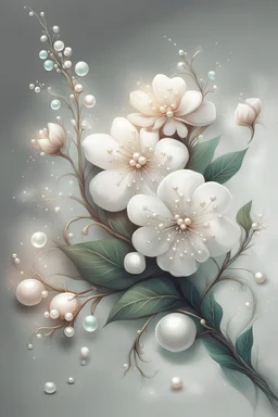 a branch with flowers and pearls, white precious stones, Trending on Artstation, {creative commons}, fanart, AIart, {Woolitize}, by Charlie Bowater, Illustration, Color Grading, Filmic, Nikon D750, Brenizer Method, Side-View, Perspective, Depth of Field, Field of View, F/2.8, Lens Flare, Tonal Colors, 8K, Full-HD, ProPhoto RGB, Perfectionism, Rim Lighting, Natural Lighting, Soft Lighting, Accent Lighting, Diffraction Grading, With Imperfections,