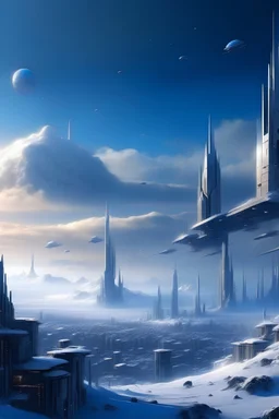 {Scifi}, City, morning, winter, snow, {crystals}, starships in the sky, cloudy
