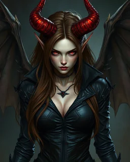 A female demonic being, pale skin, long brown hair, red eyes, long flaming horns, black leather outfit, bat-like wings, arrogant, vicious, an air of malevolent power surrounds her, greg rutkowski, intricate details, dark setting, hyperrealistic