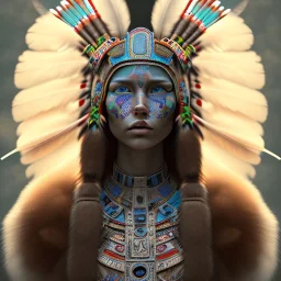 war painted pueblo Indian female,detailed eyes, blue eyes,, disturbed expression.intricate detaile,thnically accurate face, intricate head dress,detailed turquoise jewelry, detailed hair, detailed feathers, use dynamic palette, accurate proportions, high contrast black smokey bokeh background.studio ghibli,andrea bonelli,Kilian Eng,Ohrai, korra character, style.