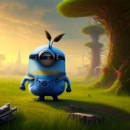 pixar style, volumetric summer apocalyptic environment and background, realistic painting of a mutant Minion, smiling, detailed digital painting, extreme dense and fine fur, anime, ornate, colour-washed colors, elegant, small minutiae, tiny features, particulars, centered, smooth, sharp focus, renderman gofur render, 8k, uhd, detailed eyes, realistic shaded volumetric lighting, sunlight caustics, backlight, centered camera view