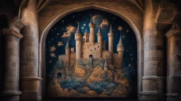 dream world, inside a medieval castle interior, magnificent, coloured pictorial tapestries, coat of arms, calm beauty, fantasy world, magic, night, darkness, starlight, splendor, uplifting, inspiring, therapeutic, chiaroscuro, color, award-winning colour photograph, beautiful composition, exquisite detail, Nikon 55mm