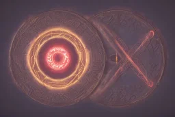 a fiery wheel with 100 eyes floating above the ground, a laser beam pentagram floating above the ground, celtic knot bronze floating, spring time, mushrooms, 8k, flickering light, centered, high-quality, fine-detail, digital art, detailed matte, volumetric lighting, illustration, 3D octane render