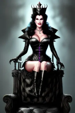 painting of lisa ann as evil queen in black leather, sitting on a throne, leather, angry, stern look, volumetric lighting, particales,highly detailed,cinematic, deep colours,8, highly detailed, digital painting, artstation, concept art, smooth, sharp focus,