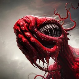 red, tentacles, a lot of eyes, teeth, monster, horror, blood, huge, scary, hyperrealism, gore, masterpiece, expert, volumetric lighting, deformed, sharp focus, 8K