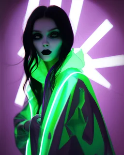 painting by koson ohara and marta bevacqua, portrait of a beautiful goth woman with long black hair, wearing a plastic raincoat, purple neon lighting, 8k, high quality, highly detailed