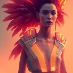 A beautiful portrait of a cyberpunk woman pissed off facing camera orange color scheme, high key lighting, volumetric light high details with white stripes and feathers unreal 5, octane render, cinema4d, dynamic lighting, dramatic lighting, 4k, redshift render, highly detailed, hyper realistic