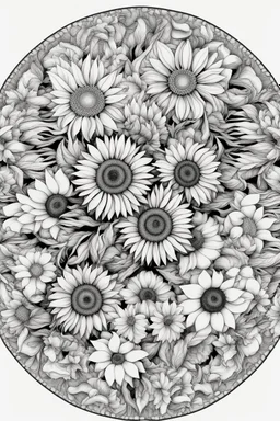 Mandala of sunflowers intertwined with butterflies, illustrated in black and white with defined lines for an adult coloring book, contour, vector, sleek line art, on a white backdrop