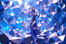 very complex 3d structure ,pretty viberating blue tema color environment 3d metalic and crystal recursive evolving and animating beveled geometric base very complex structure emiting bubbles that broke, realistic goddess of love in a pretty modern dress comes out dancing fast hip hop, viberating color moving very in modern city escap environment while camera tracking it.write in down screen 3d animating"Made in Qwen By:J.Babakan"