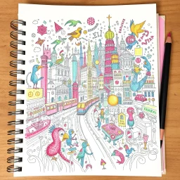 rich color pencil hand doodle sketch on a spiral binder notebook page, chaotic psychedelic city scene with monorails and wacky birds, in the style of Kenny Sharfe and Alexander Jansson, maximalism, incredible busy doodle world