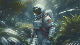 An astronaut in a jungle on a spring day: ornate, dynamic, particulate, rich colors, intricate, elegant, highly detailed, harper's bazaar art, fashion magazine, smooth, sharp focus, 8 k, octane render, cinematic