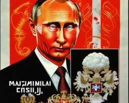 Russia president satan Vladimir Putin, evil fangs, blood and Moscow in fire atomic bomb cudgel