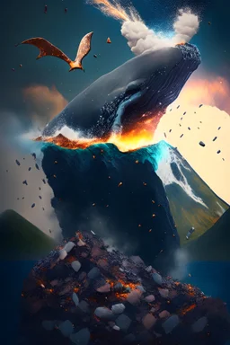 A whale from the volcano flies over the precious stones