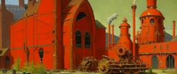 An orange colored ferro factory with gears painted by Claude Monet