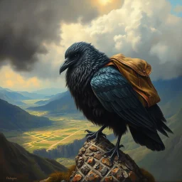 oil painting in titian style, air is charged with magic around huge storm pigeon crow bird carrying backpack, with wings and beard and hair is full of feathers above holy valley, seen from above