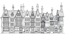 A highly detailed front elevation line drawing of a row of crooked fantasy houses, with twisted tall chimneys, rooms and floors added to sides and roofs, like Harry Potter's Diagon Alley.
