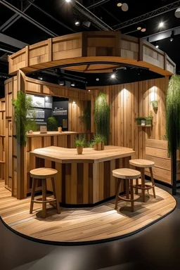 Corner exhibition stand in eco-style, with wood elements and meeting areas