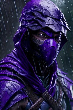 10k hyper realistic detailed Rain the purple ninja (mortal Kombat) in forrest