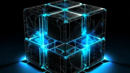 Cube tesseract located strictly in the middle of picture with space around it and with glow in tesseract, but without glow below it, without background or table.