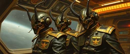 master oil painting by Rembrandt, insectoid Nephilim fascist trauma watchers glistening uniform with insignia in messed up space ship, in the style of Giger