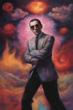 medium long shot, wide angle, full body portrait, head to toe, Bela Lugosi - Kiss Me Deadly - Reptilian-skinned - Ray-Ban sunglasses - Motley Crue - gothic pale-skinned vampire, Painting with fire and multicolored electrified cosmic clouds, by Hoy Tong Lu - Multicolored lightning -a smiling, 18-year-old Count Dracula, long, black hair, blue eyes, goth makeup, black leather biker's jacket, black leather pants, combat boots, black fingerless gloves, sitting on in the forest next to a fire, the bri