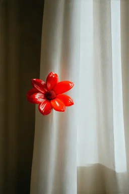 A shiny red latex flower on a curtain, worn kodachrome
