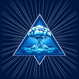 a blue nuclear explosion mushroom cloud inside an equilateral triangle, radiant lines, vector logo
