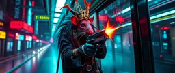 rasta rat priest king, cyberpunk setting, shooting at glass wall on the tram
