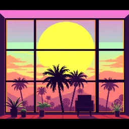 8 bit pixelart of sun, palmtrees synthwave, indoor