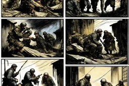 Masterpiece1:5)(Fineart), (award-winning:1.5), highest quality, war journalism, ink and colored pencil sketch of photocollage (by Gustave Doré, Jan Saudek:1.5),(Eastern Ukraine:(panel one:the moment after a battle ends, horrors of war, wounded men),(2nd panel, cinematic shot of men sitting in trench with 1000 yard stare (focus on their eyes:1.5)),(the third panel shows troops tired but hyper alert), (the fourth panel shows the sky is filled with incessant, fire and smoke everywhere,)