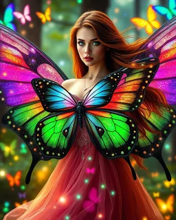 Gorgeous Photography Ultra Realistic Natural Beautiful Butterflies woman straddle wings with gown shiny brown flowing hair, glitter colorful Butterflies wings, lovely glowing green eyes, surrounded by magical colorful forest and flickering lights, digital photography, kaleidoscope, vibrant colors, vivid colors, colorful,in magic forest full sparkling light