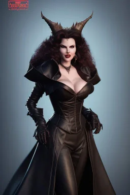 Geena Davis as evil queen in black leather, leather, busty, cleavage, angry, rage, stern look. character design by cory loftis, fenghua zhong, ryohei hase, ismail inceoglu and ruan jia. unreal engine 5, artistic lighting, highly detailed, photorealistic, fantasy