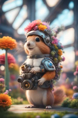 plexi glass tower, portrait of a cute fluffy wolly squirrel with roman helmet gear in an air ship hangar holding weird flowers in the style of pixar, on a strange planet with weird colors and wind turbines, bokeh like f/0.8, tilt-shift lens 8k, high detail, smooth render, down-light, unreal engine, prize winning