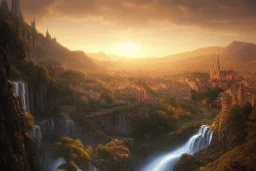 beautiful waterfall between lush mountains in the sunset casting rays of light into medieval city below, highly detailed, baroque, brutalist architecture, sharp focus, artgerm, cgsociety, desaturated by syd mead