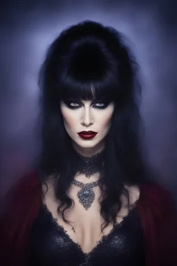 head and shoulders portrait - Elvira, Mistress of the dark, black dress - 32k, UHD, 1080p, 8 x 10, glossy professional quality digital photograph - dark blue and dark red, and light maroon and purple and foggy black gradated background, historic, powerful, octane rendering, exquisite detail, 30 - megapixel, 4k, 85 - mm - lens, sharp - focus, intricately - detailed, long exposure time, f8, ISO 100, shutter - speed 1125, diffuse - back - lighting, ((skin details, high detailed skin texture)),