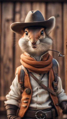 portrait in front of wooden wall depicting a handsome bad ass cowboy Lucky Luke squirrel ninja with lasso ,bokeh like f/0.8, tilt-shift lens 8k, high detail, smooth render, down-light, unreal engine, prize winning