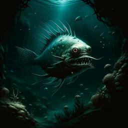 A dark bluish teal underwater abyss with angler fish painted by Albrecht Durer