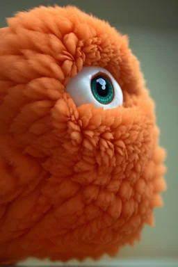 3D Cute fluffy orange soft Puppet of a baby monster, emotive eyes, electron microscope photography, 35mm lens, photorealistic, 3D, octane render, unreal engine, sweet, in the style of Pixar, white background