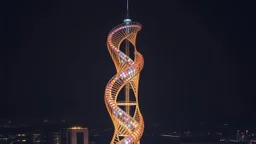 delightful, sensitive, confident, iridescent double helix tower, delicate, nocturnal, architecture, award-winning photograph, beautiful composition, filled with beautiful detail, delicate colour, chiaroscuro