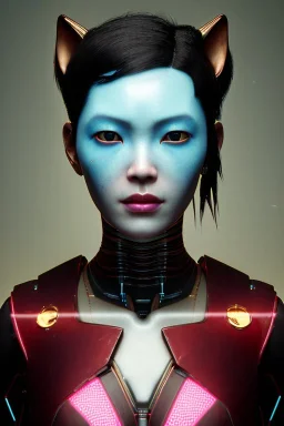 Medium Close Up Portrait, Front image. cyberpunk Asian woman, rabbit mask, pink short hair. latex suit. Red, black, gold, color. Ghost in the shell style. Color background, photo studio. Avatar image, highly detailed, concept art, smooth, unreal engine 5, god rays, ray tracing, RTX, lumen lighting, ultra detail, volumetric lighting, 3d, finely drawn, high definition, high resolution.