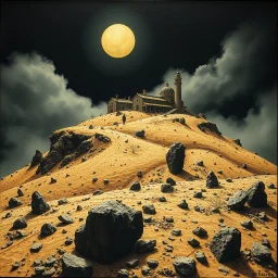 A wasteland with village on the top of a hill, creepy, details of the dust very accentuated, Max Ernst, glossy organic mass, adorned with minerals and rocks. Decal, bas-relief. Bathed in intense light, eerie, Max Ernst style, black sun, fog