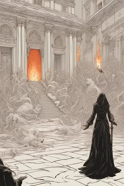 Illustrate a chilling scene: a female necromancer, surrounded by hellfire, attempts to open a portal to hell in the courtyard of a grand white marble palace during the king's annual feast. Thousands of terrified attendees flee, leaving the festivities in chaos. The royal family, including the king, is helpless, and even the royal guards are paralyzed with fear. Capture the stark contrast between the opulent palace and the impending supernatural threat, conveying the sense of impending doom